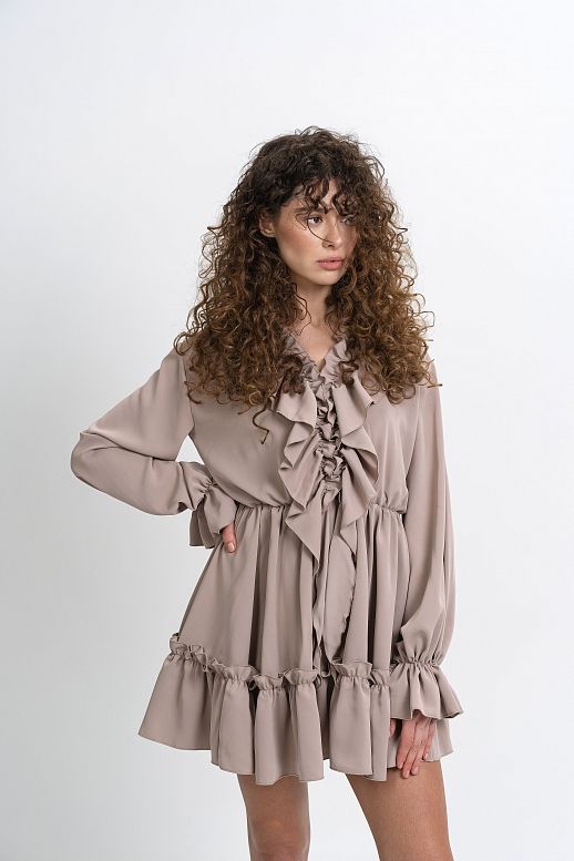 Сукня міні з воланами темно-бежева