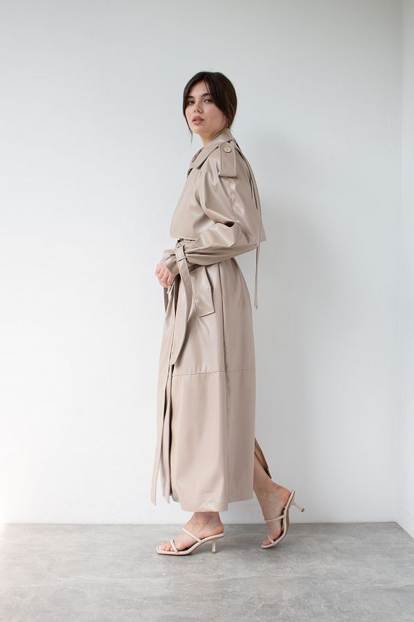 Тренч з екошкіри на тканинній основі з патами кавовий С0121/1 #RU# Тренч из экокожи на тканевой основе с патами кофейный С0121/1 № 4