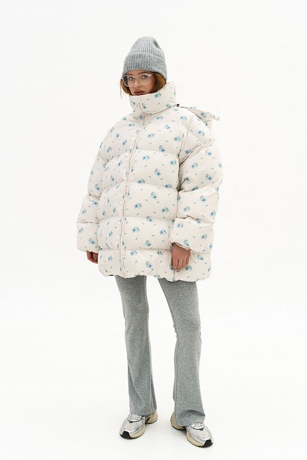Пуховик зимовий подовжений сметанковий в квіти  KZR25POD/3 #RU# Пуховик зимний удлиненный сливочный в цветы KZR25POD/3 № 1