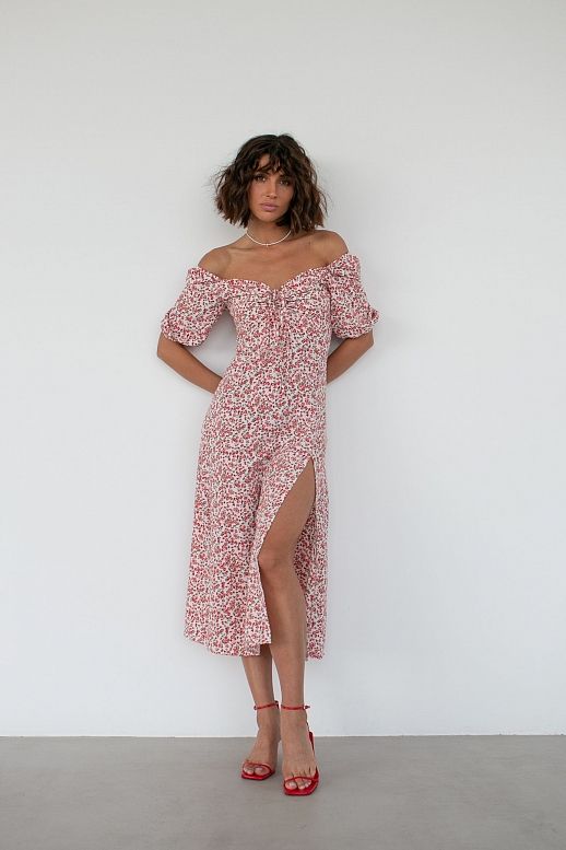 Сукня міді з роспіркою короткий рукав молочна в червоні квіти - №2