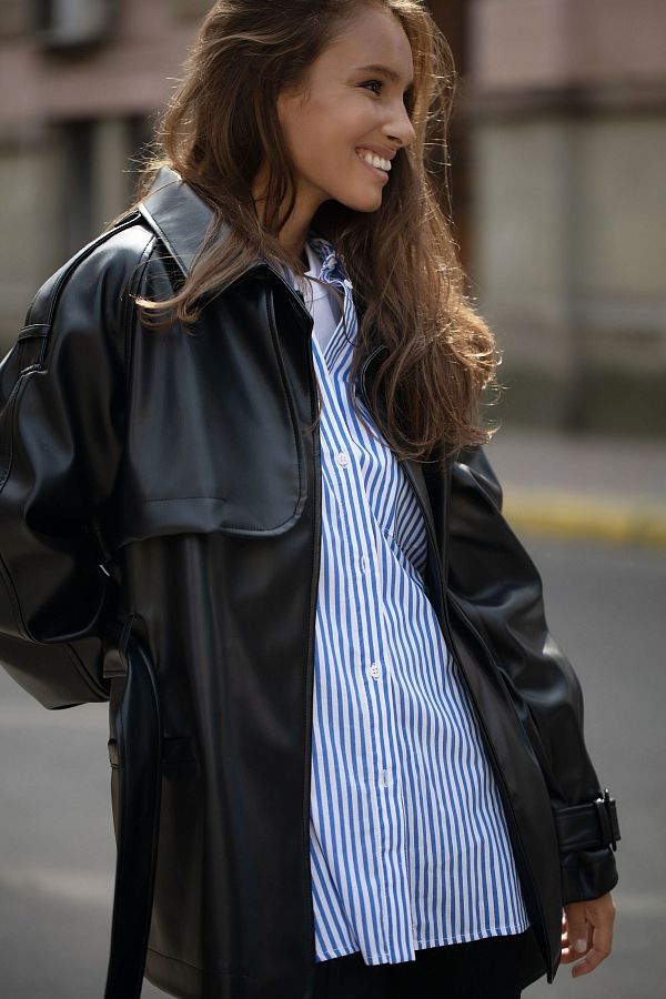 Тренч з екошкіри на замші вкорочений з поясом чорний МБКТ009 #RU# Тренч из экокожи на замше укороченный с поясом чёрный МБКТ009 № 3