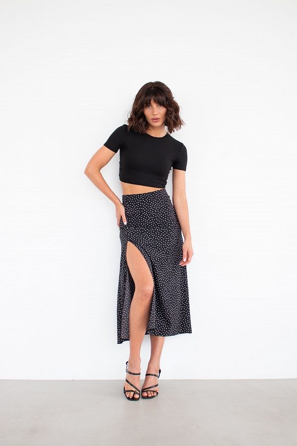 Спідниця міді з роспіркою чорна в великий горох СП001/5 #RU# Юбка миди с распоркой чёрная в мелкий горох СП001/5 № 1
