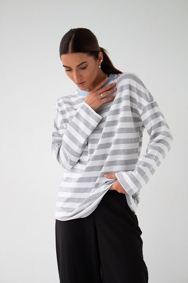 Лонгслів у смужку сірий з блакитним комірцем MBKC004/1 #RU# Лонгслив в полоску серый с голубым воротником MBKC004/1 № 3