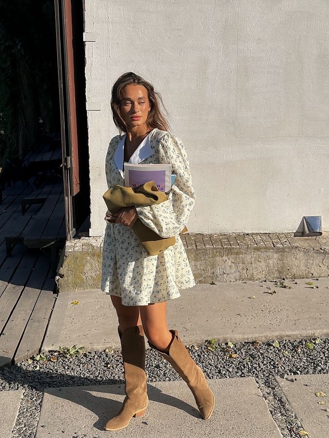 Сукня лляна з білим комірцем молочна в блакитні квіти МБПЛ 14.08 № 2