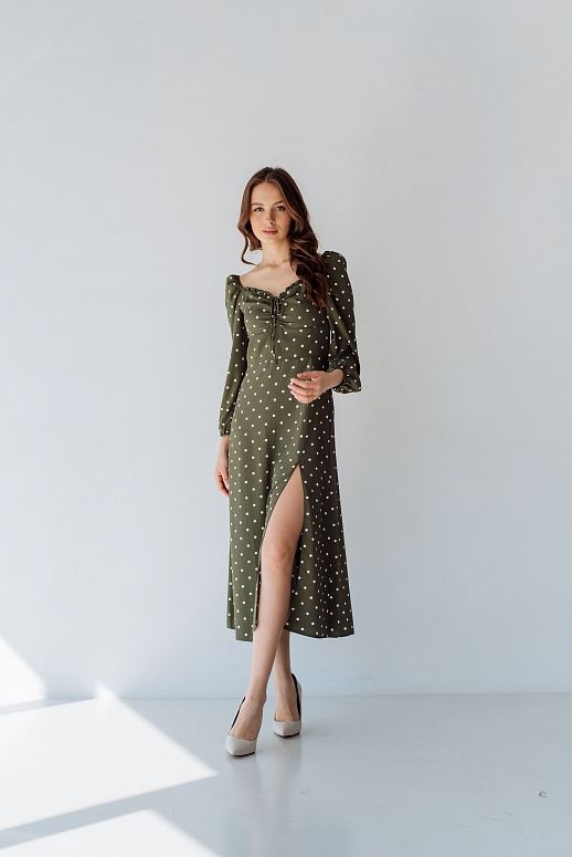 Сукня міді з роспіркою довгий рукав хакі в горох