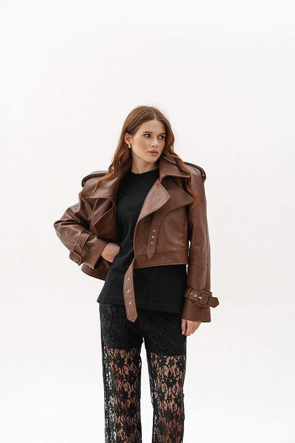 Тренч вкорочений з екошкіри коричневий KTRP/01 № 4