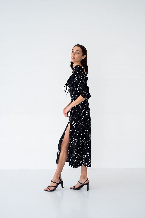 Сукня міді з роспіркою довгий рукав чорна в середній горох  D0521ДР/1 № 3