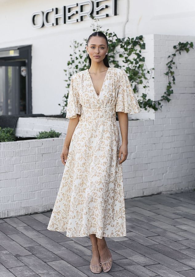 Сукня міді з трьома гудзиками молочна в жовті квіти ЧТ10/3 № 2