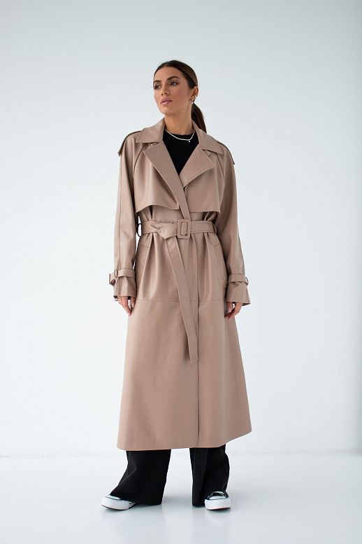 Тренч з екошкіри на замші темно-бежевий