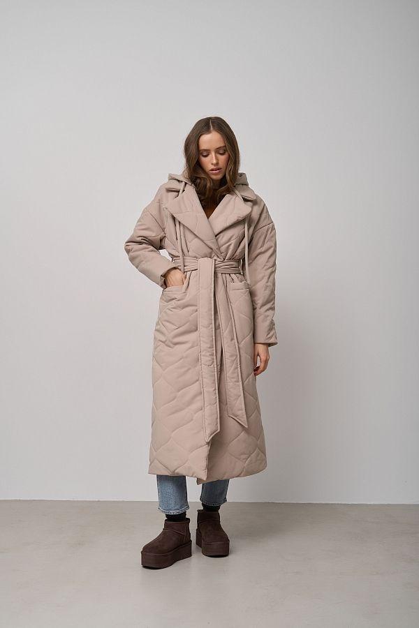 Куртка довга з поясом та знімним капюшоном світло-бежева K0722/21 #RU# Куртка длинная с поясом и съемным капюшоном бежевая K0722/21 № 1