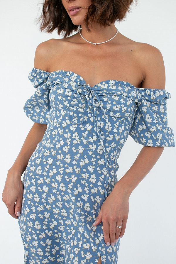 Сукня міді з роспіркою короткий рукав синя в білі квіти D0521КР/4 № 2
