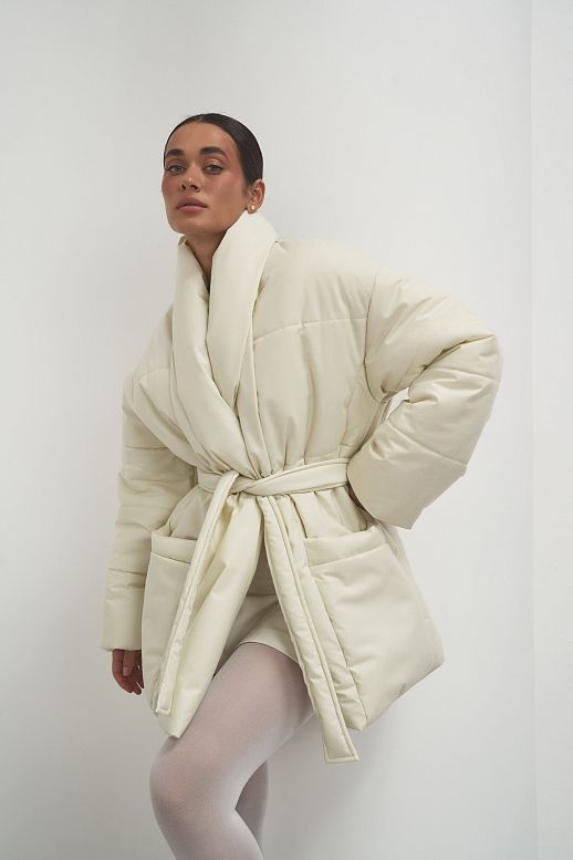 Пуховик подовжений під пояс преміум молочний