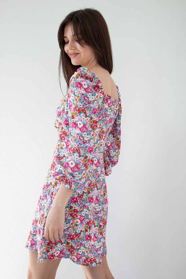 Сукня міні з роспіркою блакитна в різнокольорові квіти D0321/23 № 3