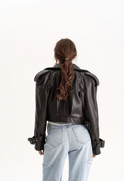 Тренч вкорочений з екошкіри шоколадний - №2