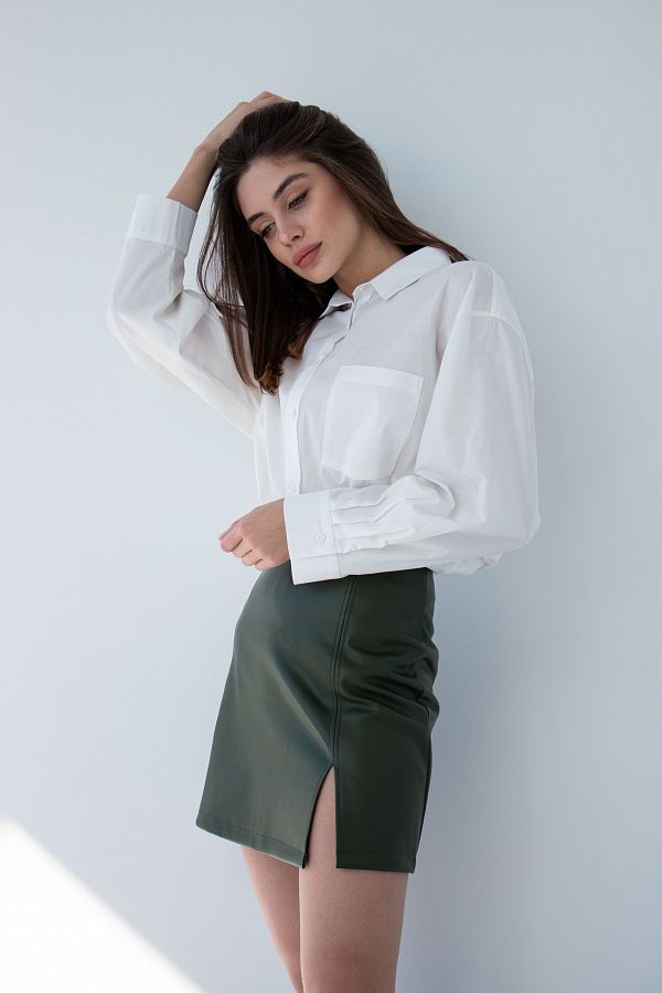 Спідниця міні з екошкіри темно-зелена В0222/5 #RU# Юбка мини из экокожи темно-зеленая В0222/5 № 3