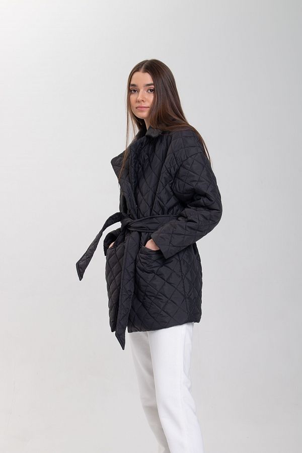 Куртка стьобана на кнопці з поясом чорна МБКТ001/4 #RU# Куртка стеганая на кнопке с поясом черная МБКТ001/4 № 3