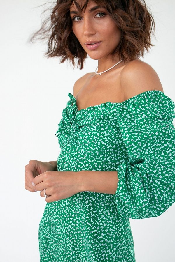 Сукня міні з роспіркою зелена великий візерунок D0321/4 № 4