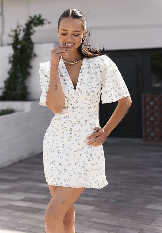 Сукня міні з гудзиками та мереживом молочна в блакитні квіти