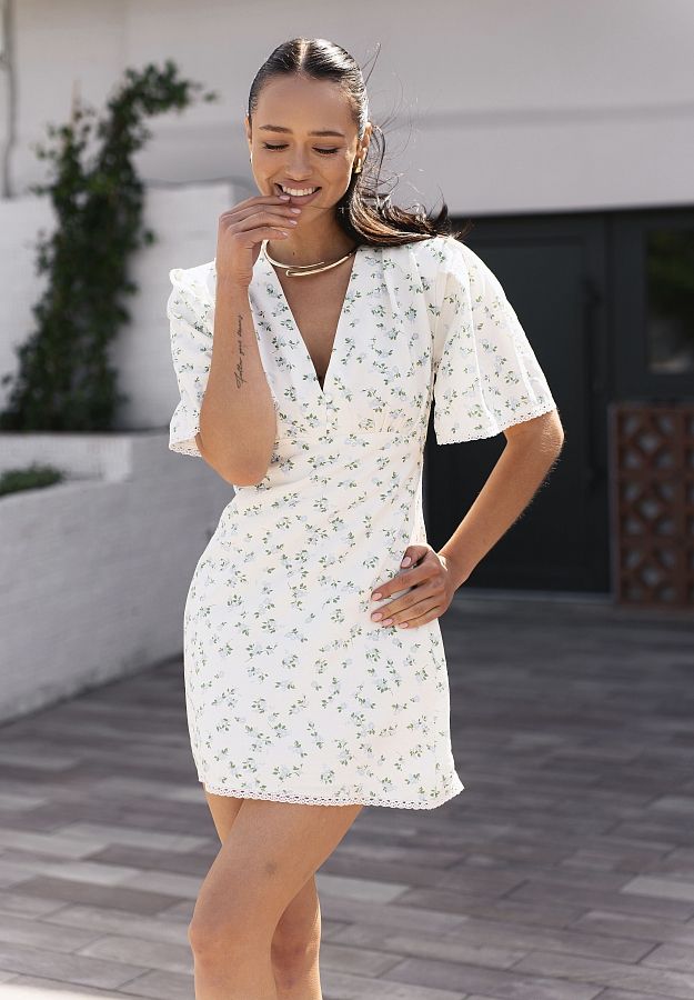 Сукня міні з гудзиками та мереживом молочна в блакитні квіти DRKOR/04 № 1