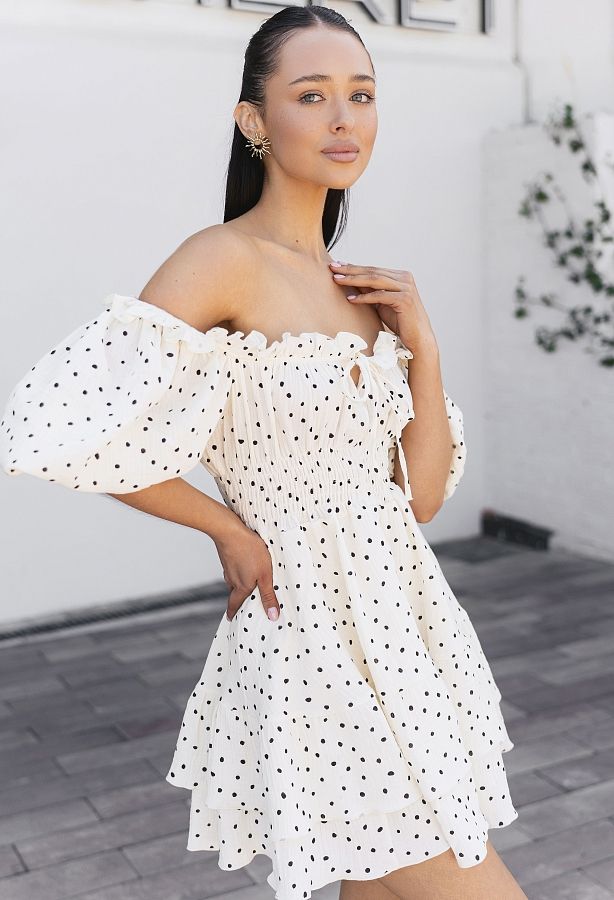 Сукня муслінова короткий рукав молочна в чорний горох ПН07/08 № 1