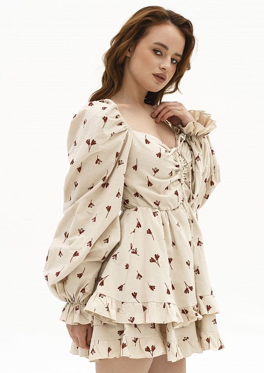 Сукня з подвійною спідницею бежева в коричневі квіти - №2