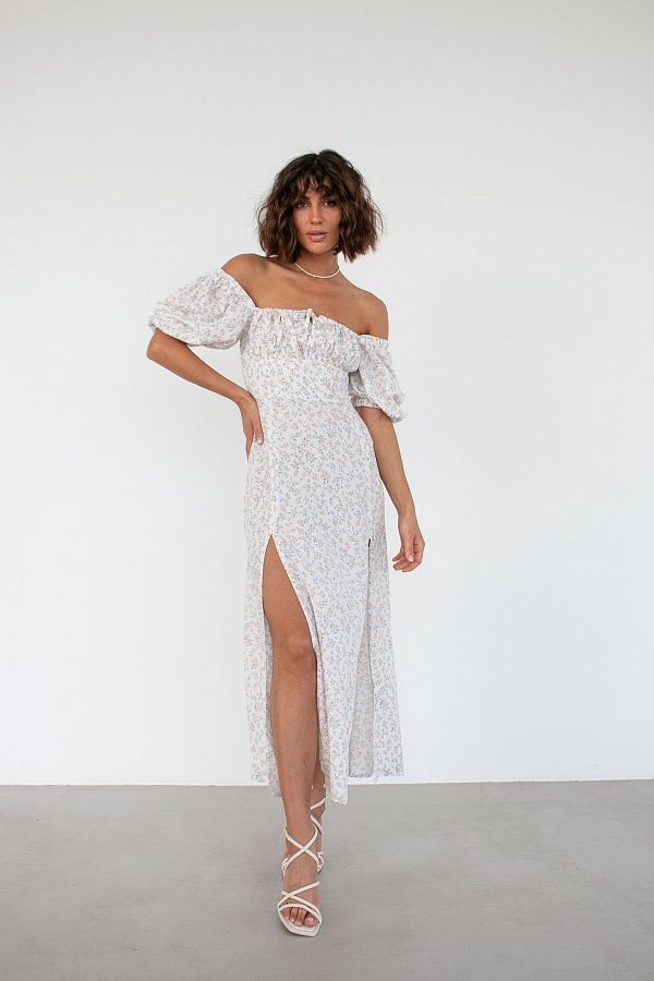 Сукня міді з двома роспірками молочна в персикові квіти ПЛ0031/5 № 3