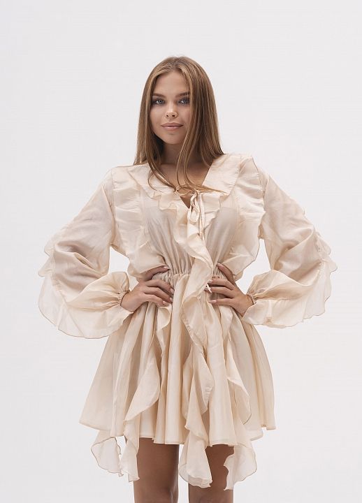 Сукня вуаль з воланами довгий рукав бежева