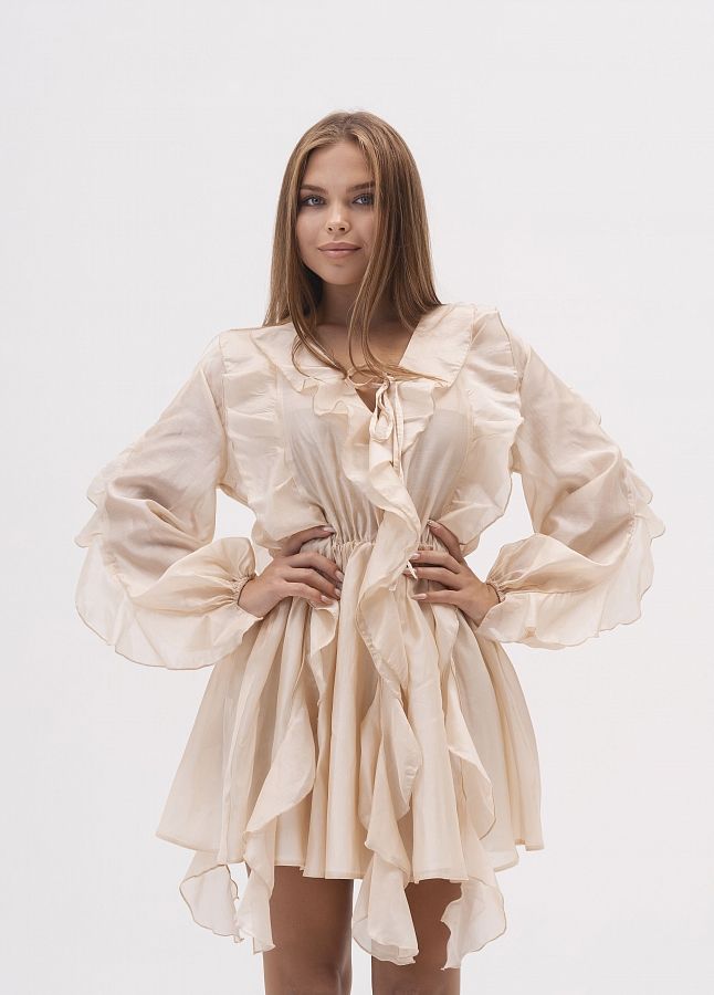Сукня вуаль з воланами довгий рукав бежева SVDR/03 № 1