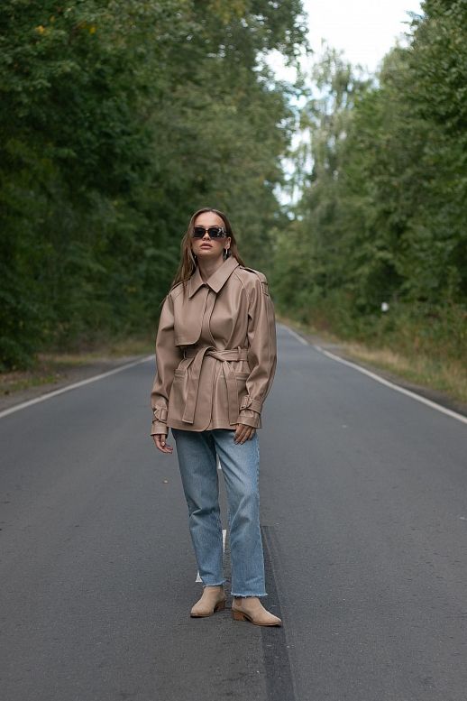 Тренч з екошкіри на замші вкорочений з поясом темно-бежевий - №2