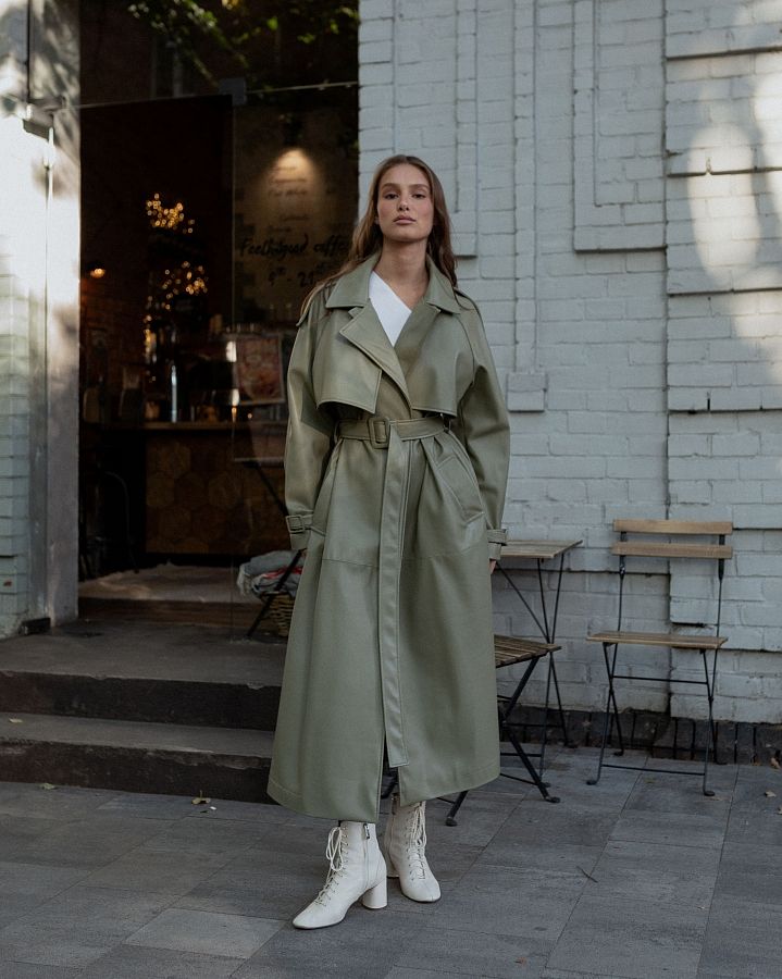 Тренч з екошкіри на замші оливковий С0321/2 #RU# Тренч из экокожи оливка С0321/2 № 1