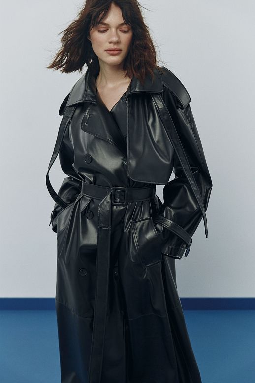 Тренч з екошкіри на тканинній основі з патами чорний - №2