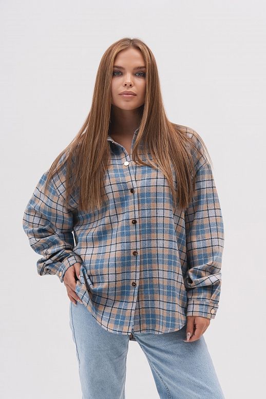 Сорочка в клітинку утеплена блакитно-бежева