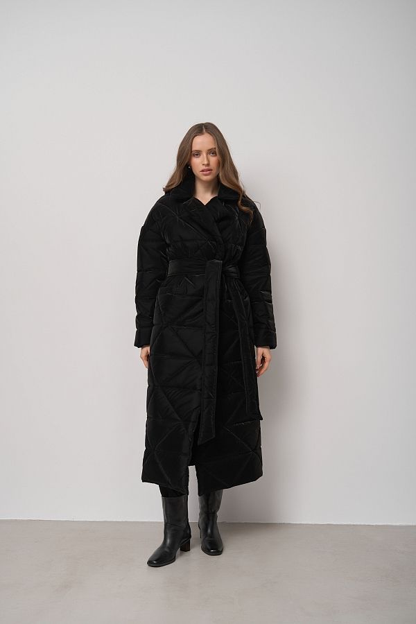Куртка стьобана довга з поясом візерунок трикутник чорна МБПЩ001/5 #RU# Куртка стеганная длинная с поясом узор треугольник черный МБПЩ001/5 № 3