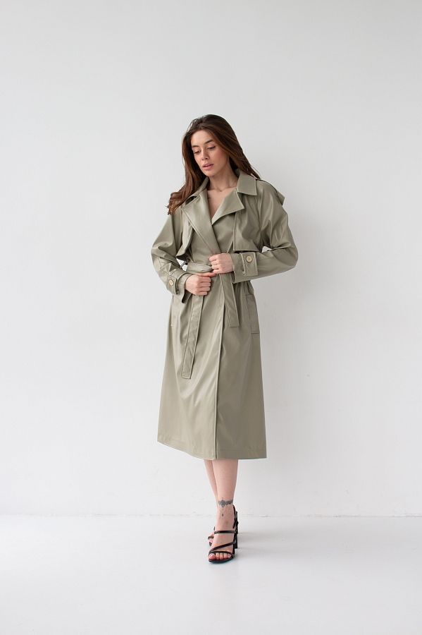 Тренч з екошкіри на тканинній основі оливковий С0121-1 #RU# Тренч из экокожи на тканевой основе оливка С0121-1 № 3