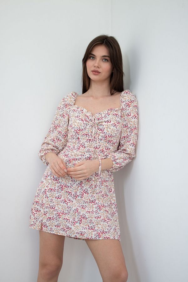 Сукня міні з роспіркою молочна в бордові гілочки D0321/9 № 2