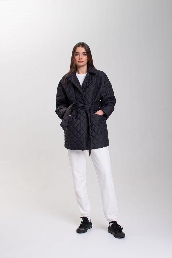 Куртка стьобана на кнопці з поясом чорна МБКТ001/4 #RU# Куртка стеганая на кнопке с поясом черная МБКТ001/4 № 2