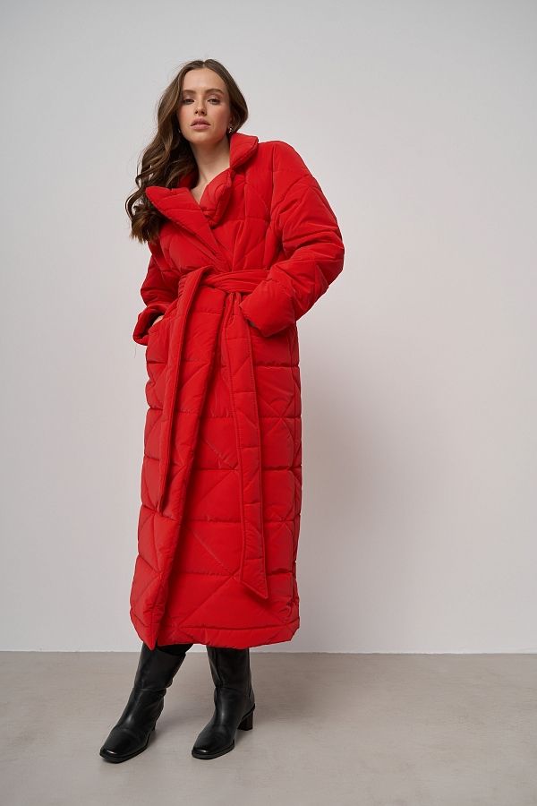 Куртка стьобана довга з поясом візерунок трикутник червона МБПЩ001/15 #RU# Куртка стеганная длинная с поясом узор треугольник красный МБПЩ001/15 № 5