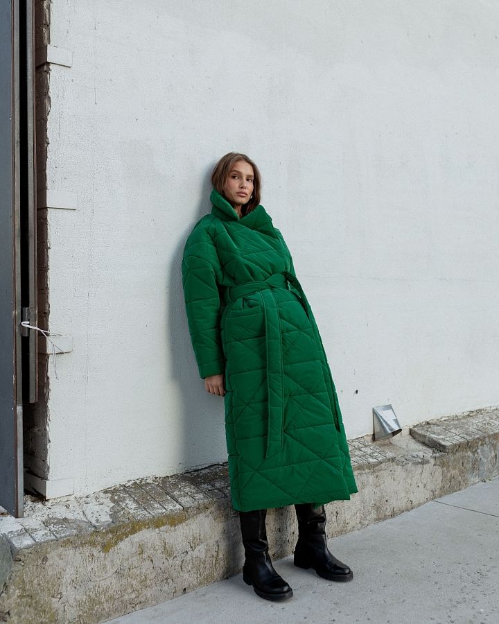 Куртка стьобана довга з поясом візерунок трикутник зелена МБПЩ001/2 #RU#  Куртка стеганная длинная с поясом узор треугольник зеленая  МБПЩ001/2 № 3