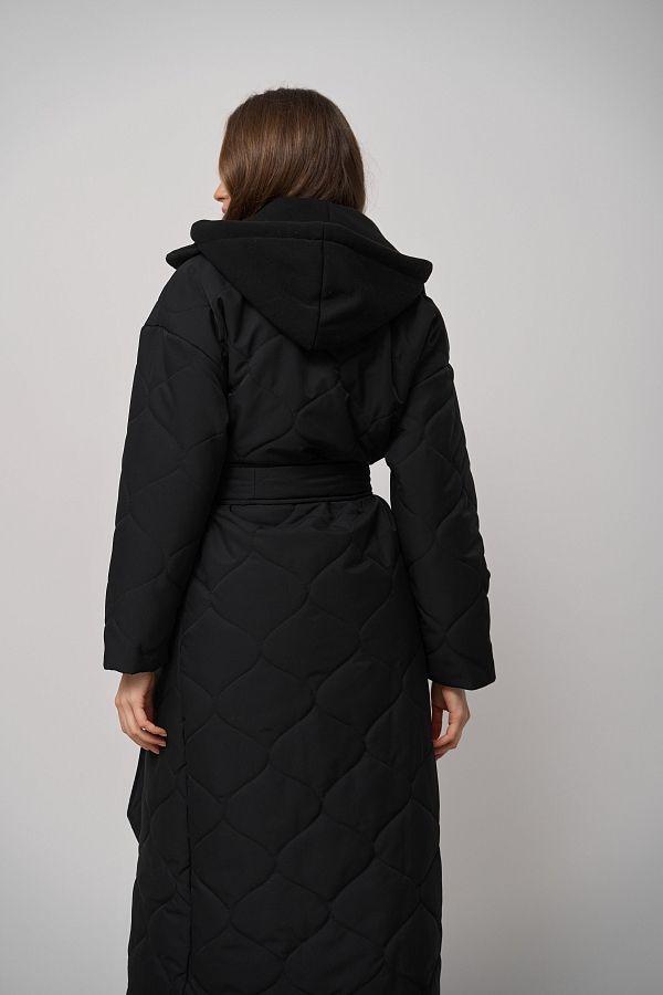 Куртка довга з поясом та знімним капюшоном чорна K0722/23 #RU# Куртка длинная с поясом и съемным капюшоном черная K0722/23 № 2