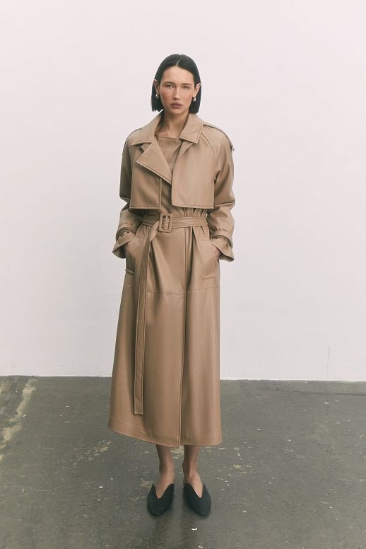 Тренч з екошкіри на замші бежевий