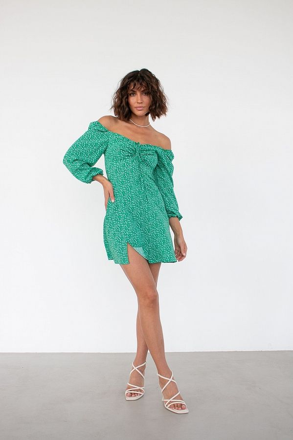 Сукня міні з роспіркою зелена мілкий візерунок D0321/5 № 3