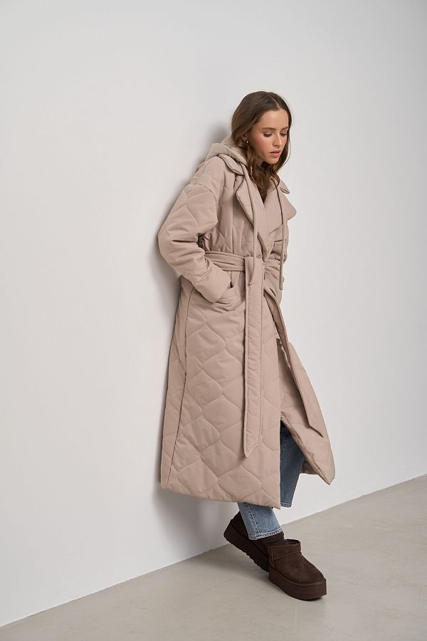 Куртка довга з поясом та знімним капюшоном світло-бежева K0722/21 #RU# Куртка длинная с поясом и съемным капюшоном бежевая K0722/21 № 4