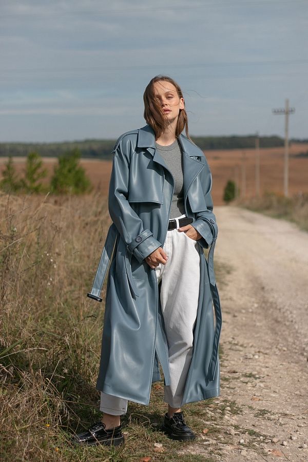  Тренч з екошкіри на замші темно-блакитний С0321/18 #RU# Тренч из экокожи на замше темно-голубой С0321/18 № 2