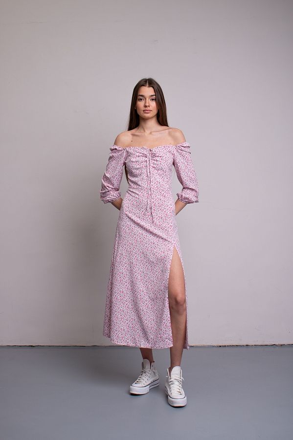 Сукня міді з роспіркою довгий рукав молочна в рожеву квітку D0521ДР/5 № 3