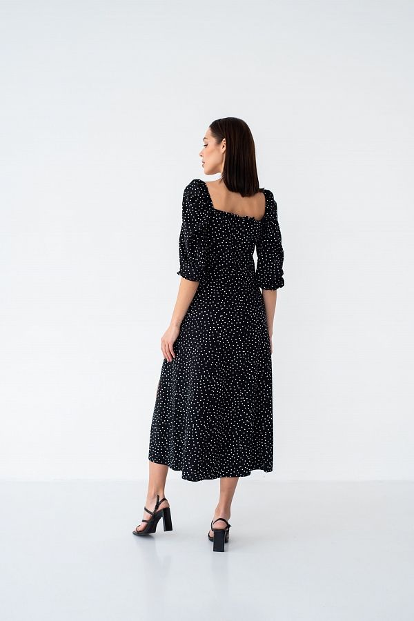 Сукня міді з роспіркою довгий рукав чорна в середній горох  D0521ДР/1 № 2