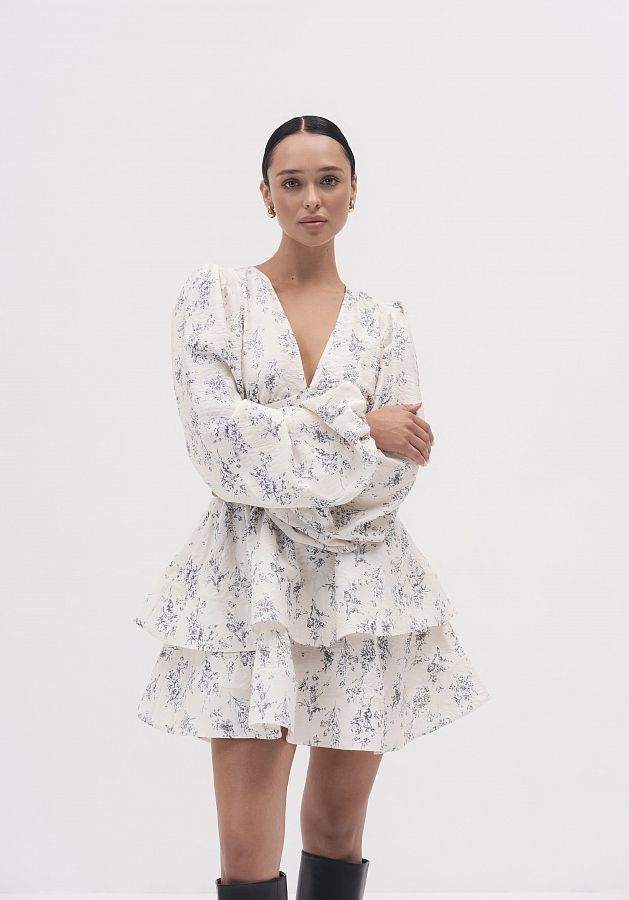 Сукня креш-софт довгий рукав молочний в чорні квіти SKS/02 № 1