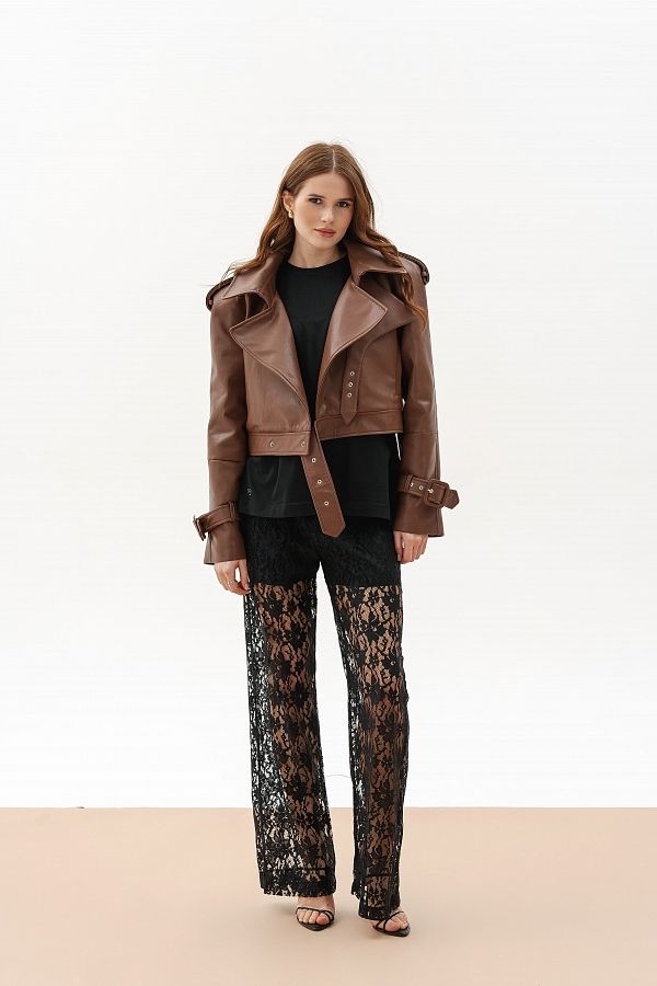 Тренч вкорочений з екошкіри коричневий KTRP/01 № 3