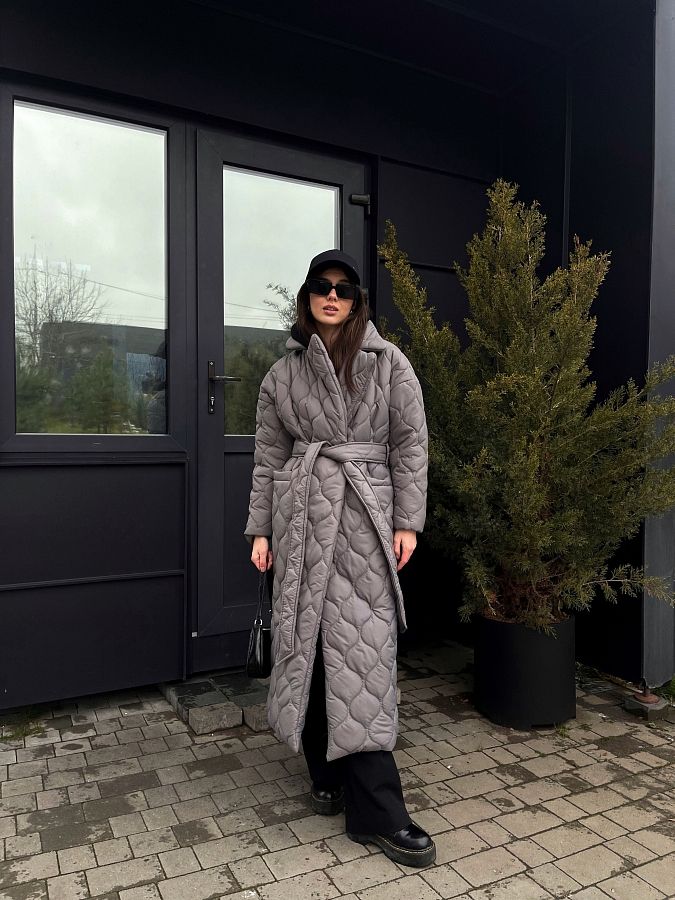 Куртка стьобана довга з поясом візерунок хвилька cіра МБПЩ001/1 #RU# Куртка стеганая длинная с поясом узор волна серая МБПЩ001/1 № 3