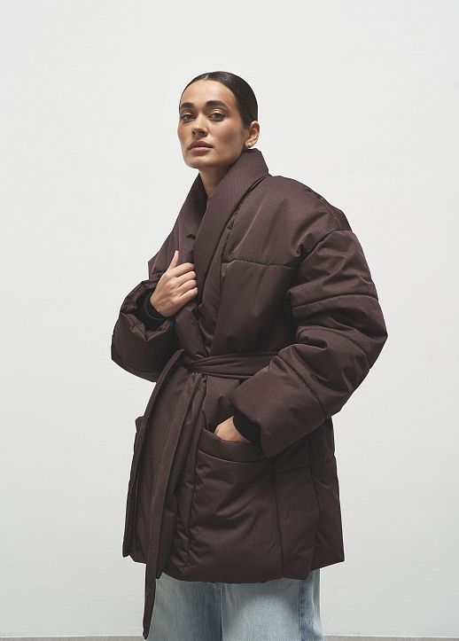 Пуховик подовжений під пояс преміум бордовий