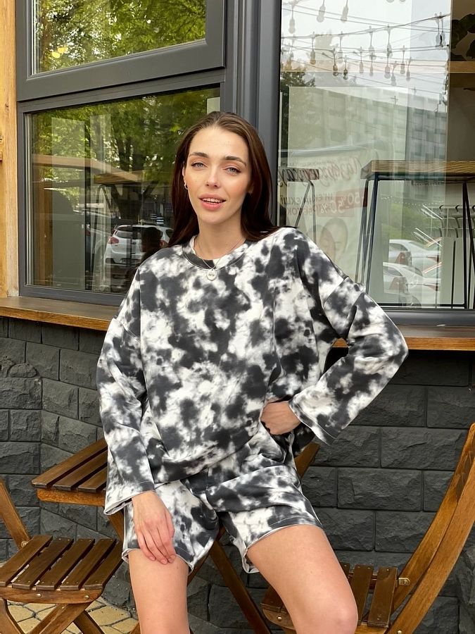 Костюм спортивний лонгслів з шортами чорний тай-дай MBKC002 #RU# Костюм спортивный лонгслив с шортами черный тай-дай MBKC002 № 2